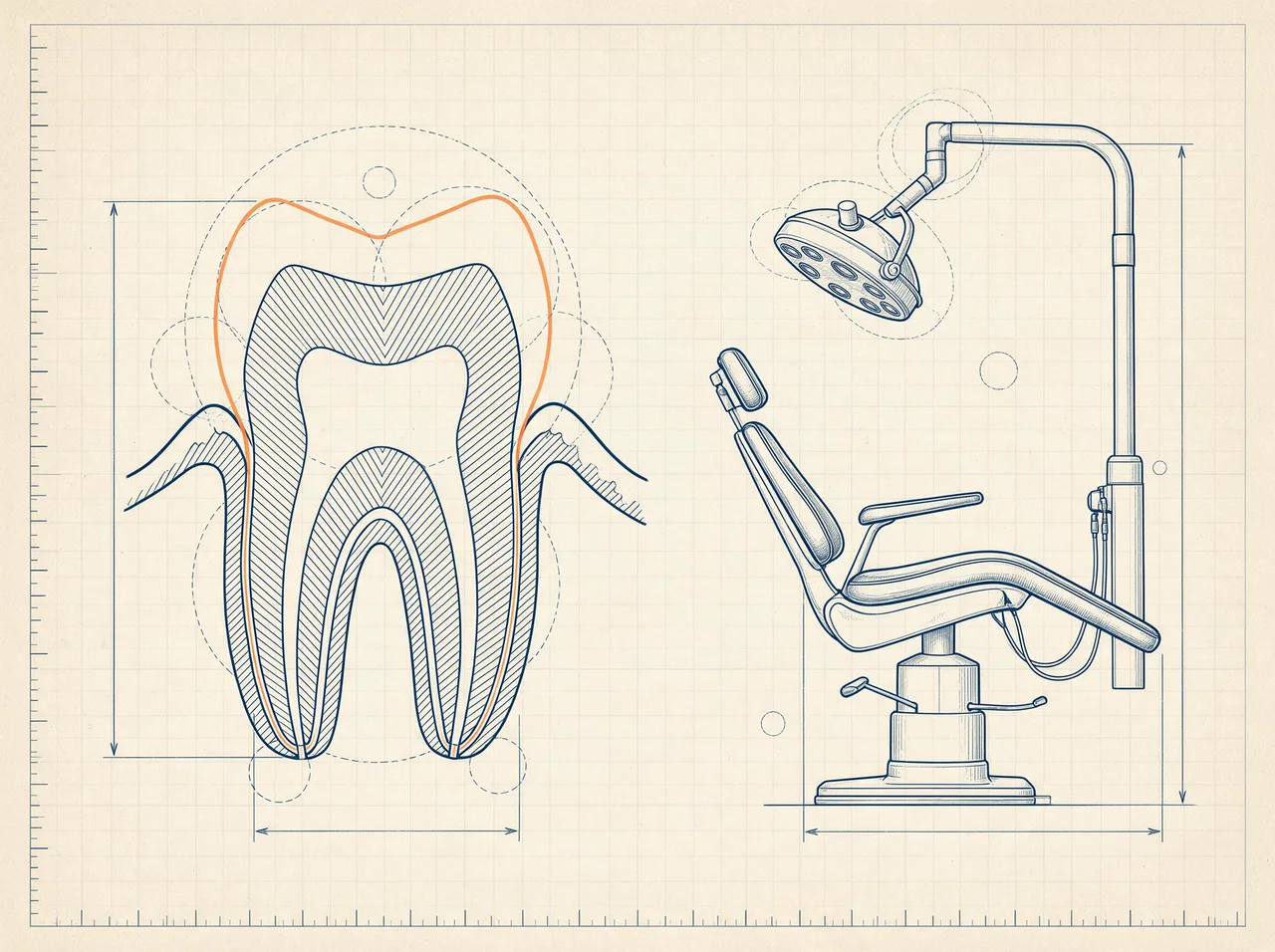 Cutaway drawing of a molar tooth with root canals beside a dental chair, with the crown outlined in orange, illustrating dental SEO