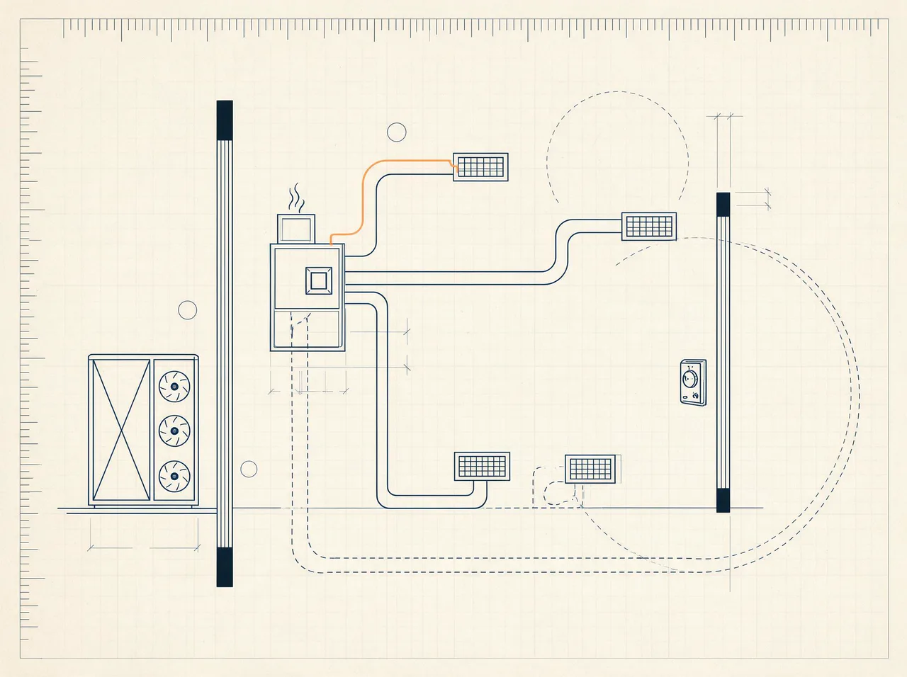 HVAC ductwork schematic with a furnace, condenser, ducts and registers and an orange airflow path, illustrating HVAC SEO