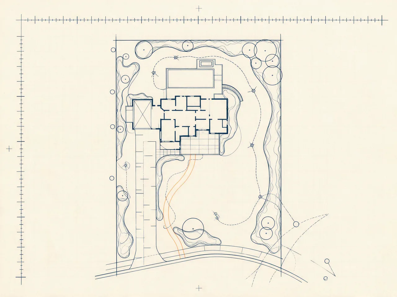 Landscape site plan of a house lot with lawn, curved paths, trees, planting beds and irrigation lines with an orange garden path, illustrating landscaping SEO