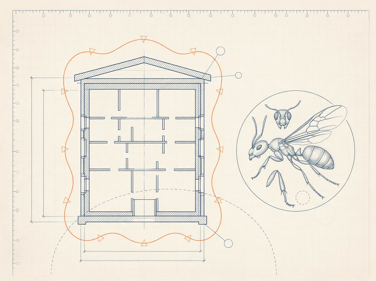House cross-section with a protective perimeter in orange and an entomological specimen plate of an ant, illustrating pest control SEO
