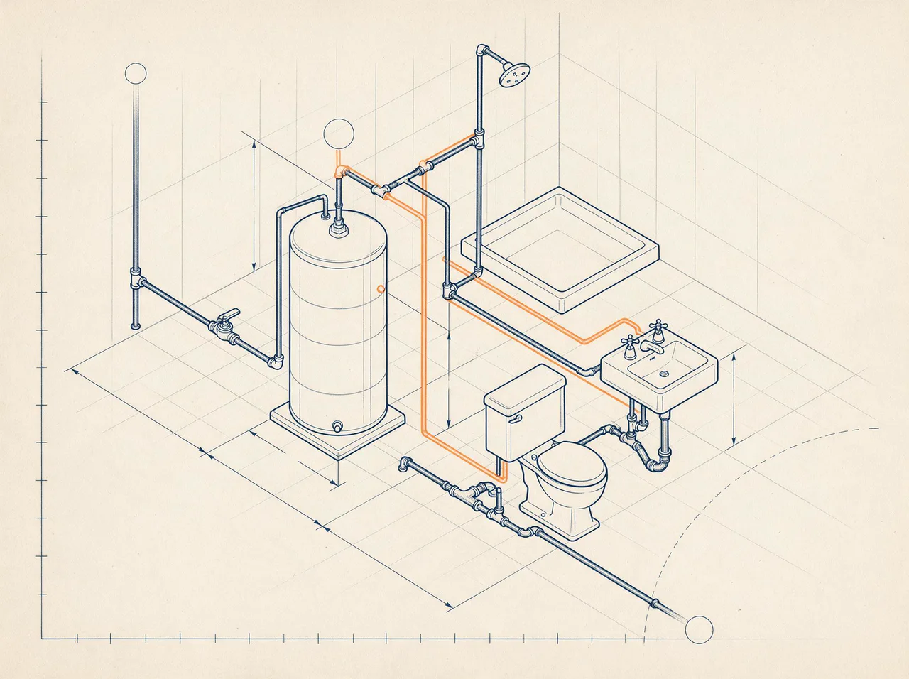 Isometric plumbing riser diagram with supply and drain pipes and an orange hot-water line, illustrating plumber SEO