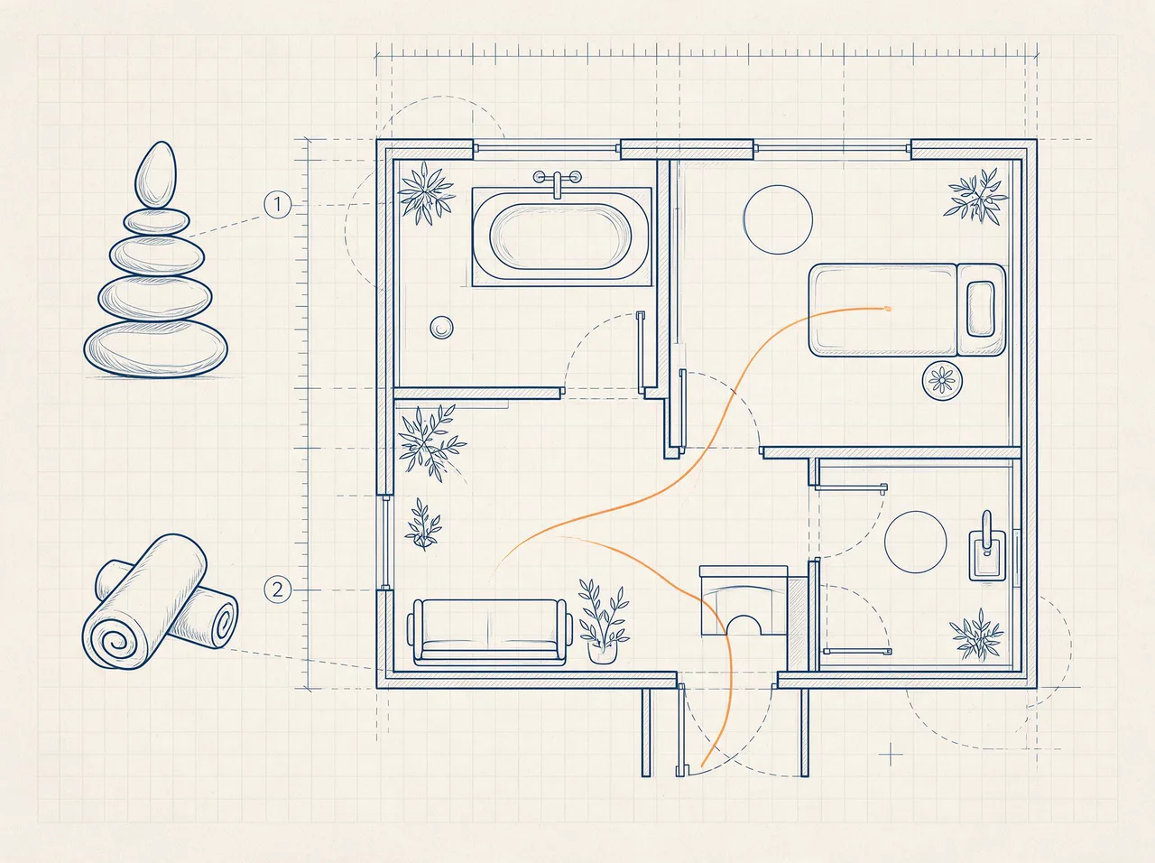 Spa suite plan with massage table, steam room, tub and lounge beside stacked stones, with an orange guest route, illustrating spa SEO