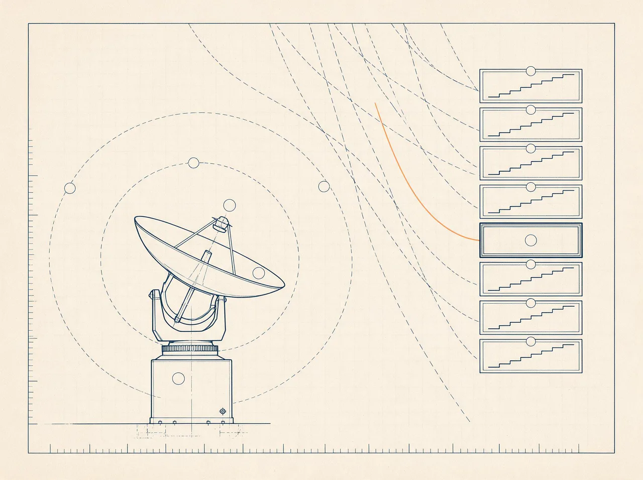 Drawing of a ground-station dish receiving many faint signals with one orange signal path into a single highlighted receiver panel, illustrating being chosen as the answer
