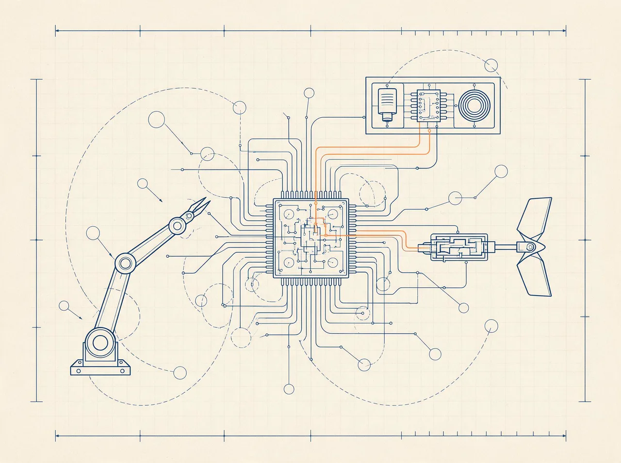 Flight-computer plate with a processor chip wired to sensors, a robotic arm and an actuator with an orange control loop, illustrating an AI application connected to real systems