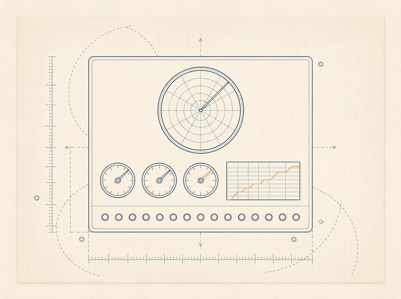Mission-control instrument panel drawing with a radar scope, three gauges and a rising trend line with orange highlights, illustrating tracking AI search visibility