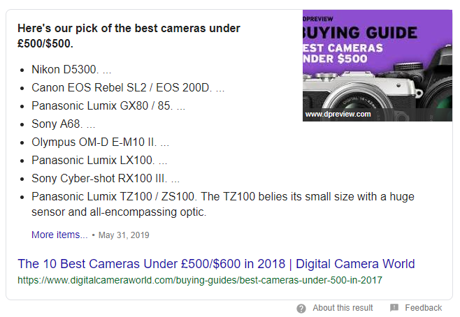 bulleted list featured snippet