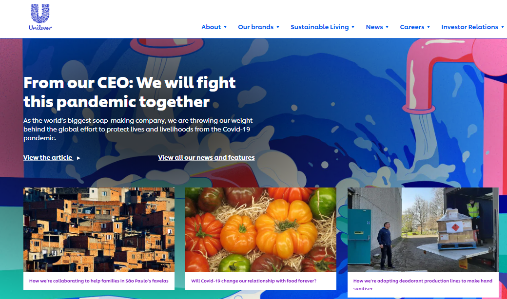 Screenshot from Unilever’s global website homepage