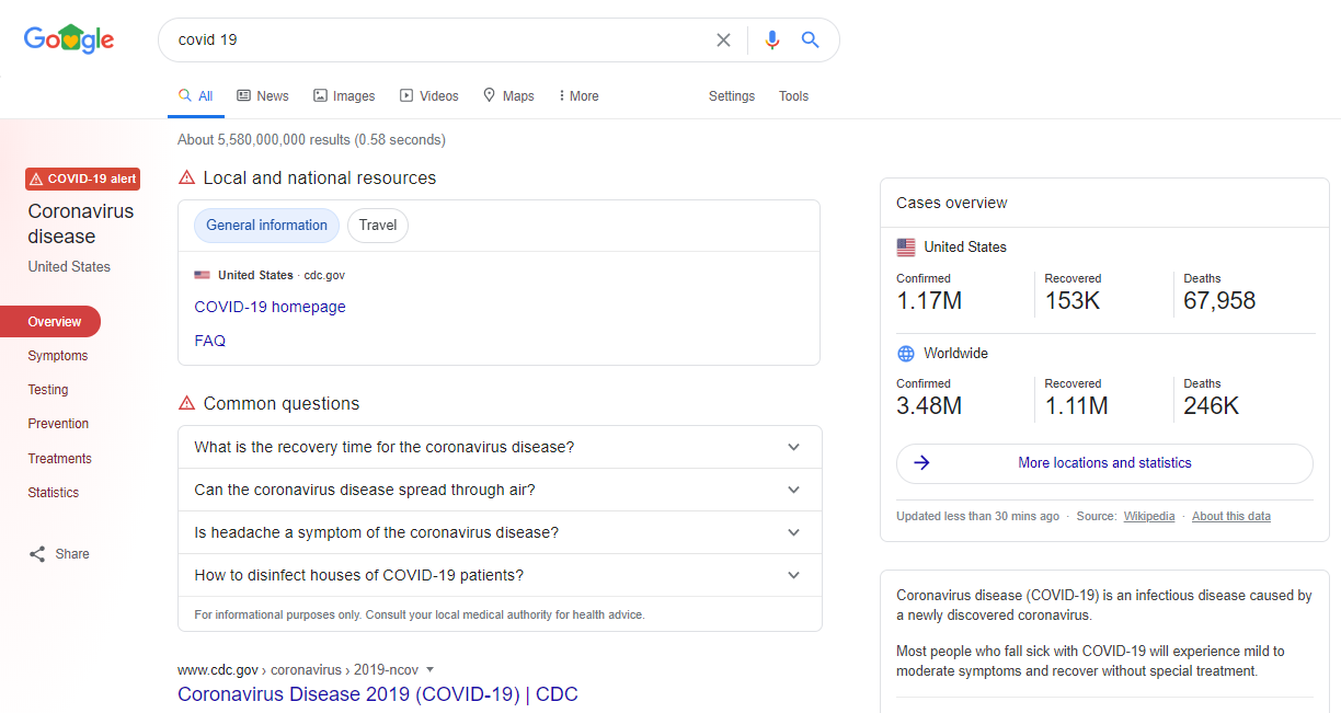 Screenshot of Google’s COVID-19 alert in the SERPs