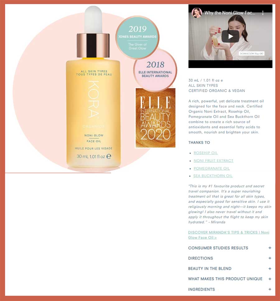 kora organics noni oil face oil product descriptions that sell