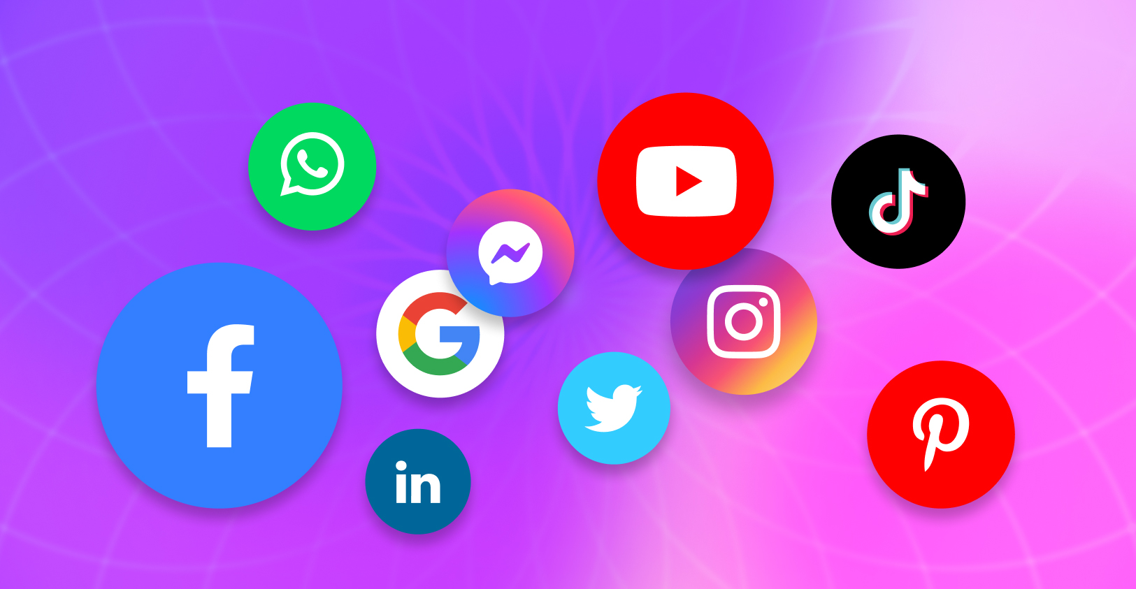 A vibrant array of social media icons, including Facebook, Instagram, Twitter, LinkedIn, YouTube, and Pinterest, set against a purple backdrop