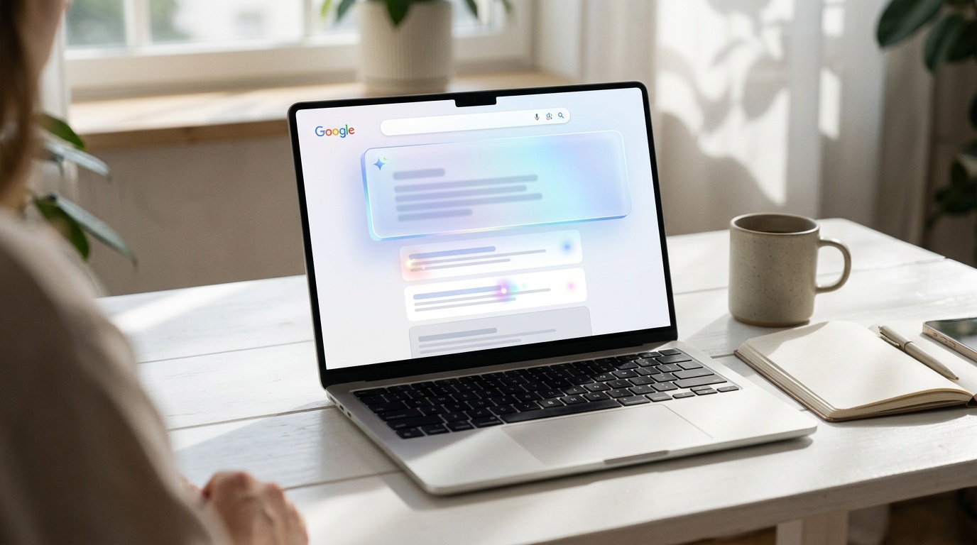 Conceptual photo of a laptop screen showing an AI Overview snippet above organic results, with the third organic result shadowed to indicate lost clicks.