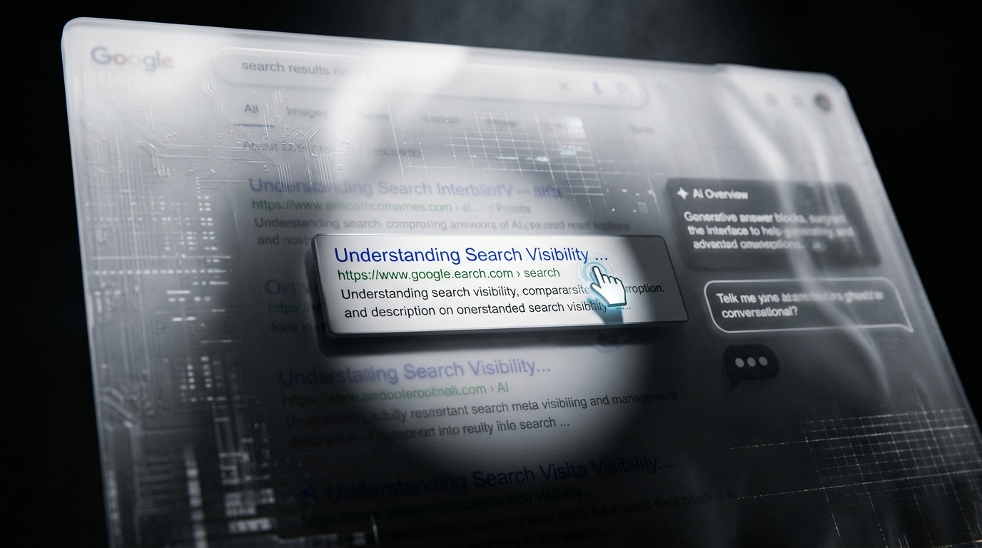 Conceptual image of a single search result dimmed by a translucent AI overlay obscuring other results
