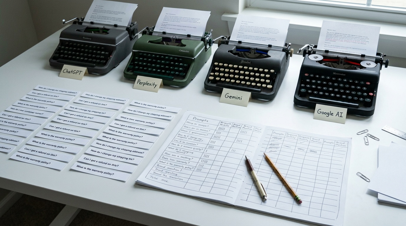 Growth Rocket A neat tabletop with buyer question prompts, tallied spreadsheet, and four vintage typewriters representing AI tools for manual testing.