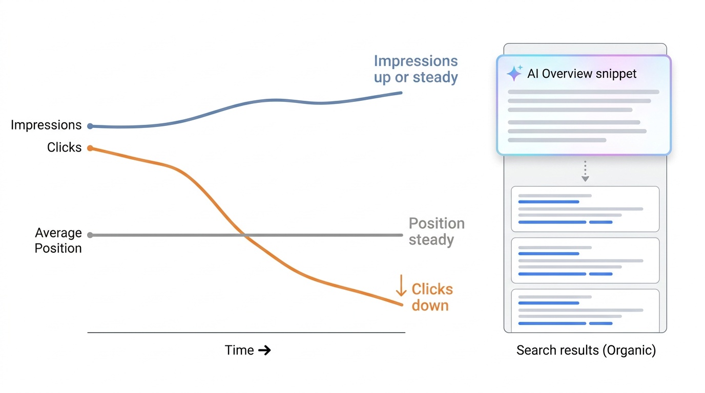 Growth Rocket Diagram showing clicks dropping while impressions and average position remain steady over time, illustrating click-through drop from AI Overviews.
