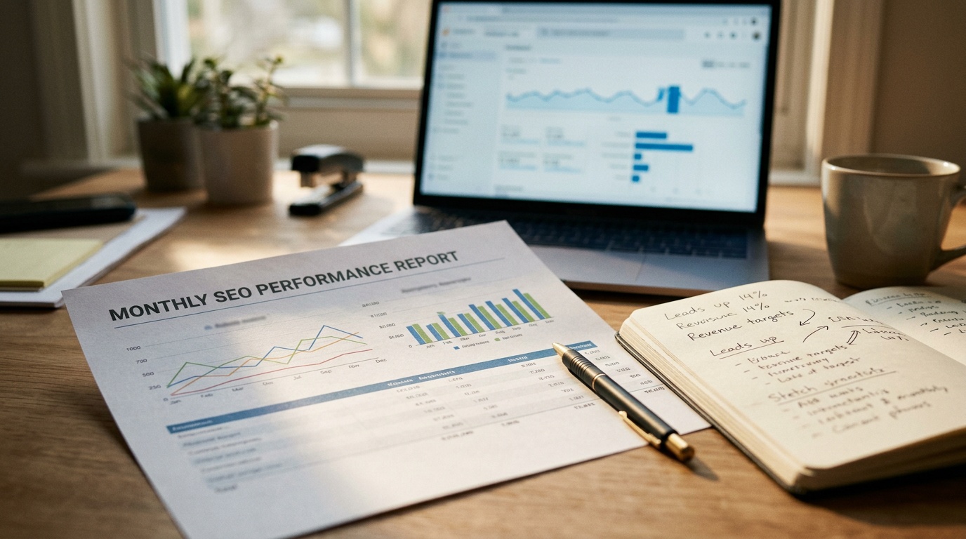 Work desk with printed SEO report emphasizing leads and revenue, next to a notebook and pen, under warm daylight.