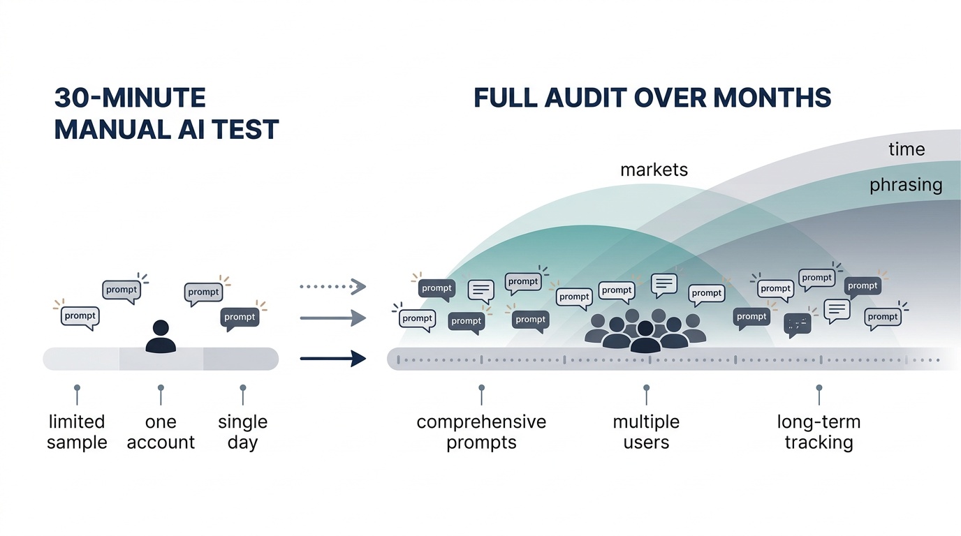 Diagram comparing a brief 30-minute AI test with a comprehensive full audit over time and coverage.
